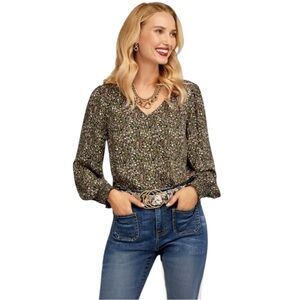 CAbi Chorus Blouse Olive and Lavender Floral V-Neck Blouse Size XS